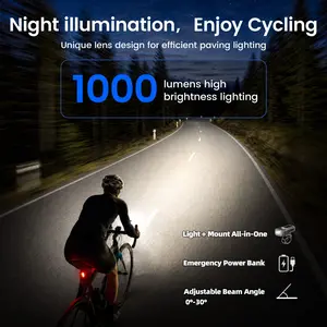 RAVEMEN FR1000 Bike Light | 1000LM Night Riding | Light & Mount Integrated (Fit Garmin/Wahoo/Bryton) | GoPro-Compatible | 30° Adjustable Beam | 39H Run-time | Emergency Power Bank | Auto On/Off | Fit 31.8-35MM Bar