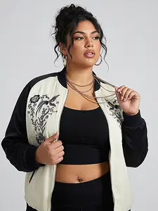 Luxurious Premium Women's Vintage Satin Bomber Jacket featuring Intricate Crane Phoenix Embroidery, detailed Floral Peony Sprays, "Paradise" Script Back Panel, Contrast Raglan Sleeves, Full-Zip Front Closure, Ribbed Knit Trim.