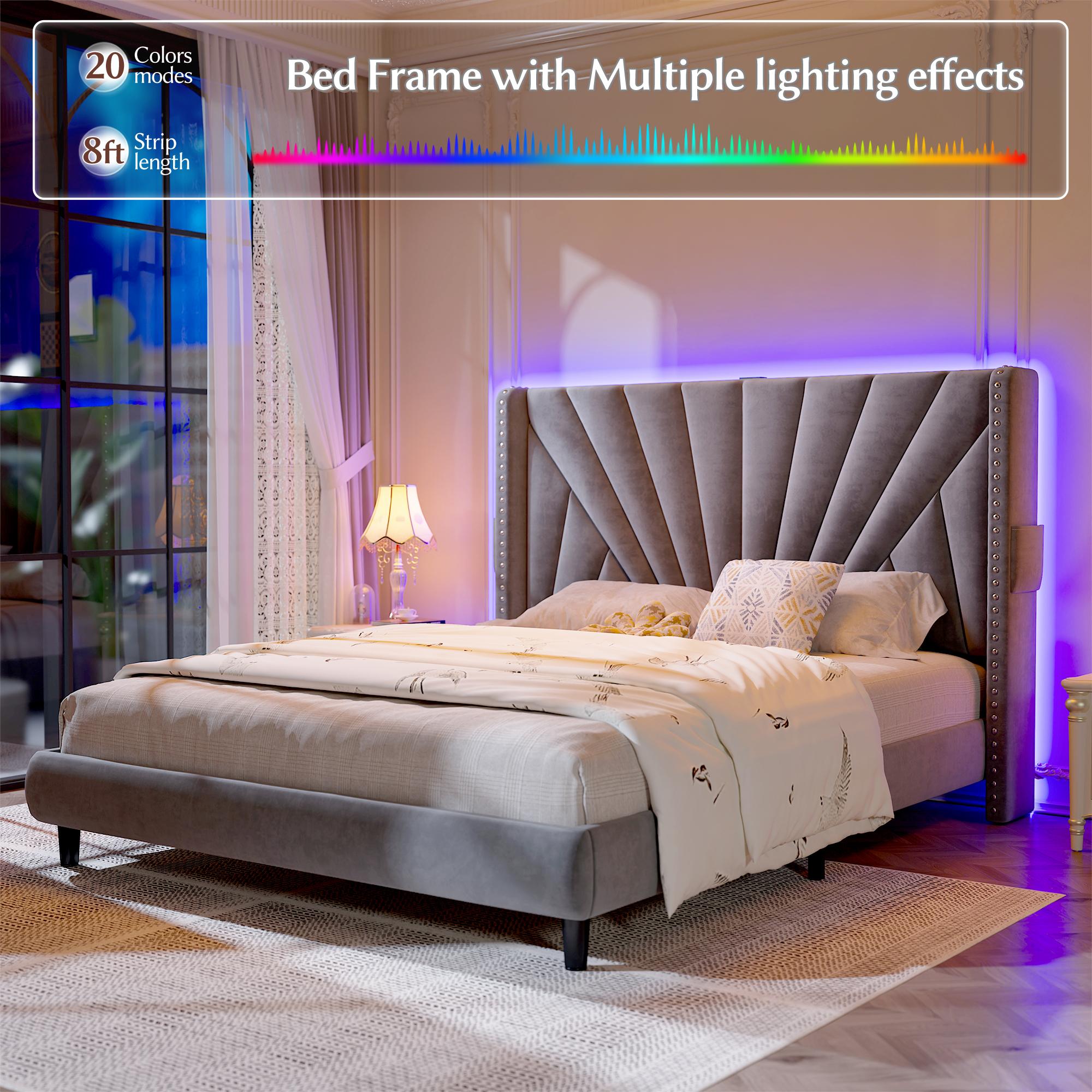 Raybee Furniture Queen Velvet Upholstered Bed Frame with 51" Tall Headboard, NO MATTRESS, Upholstered Bed Frame, King Size with LED Lights and Charging Station, Sturdy Wood Slat, Easy Assembly, No-Noise, Gift for Moving House [Black Friday]