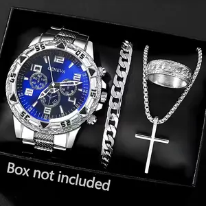 Geneva Blue Face Silver Watch Set | 4Pcs Stainless Steel Accessories for Him