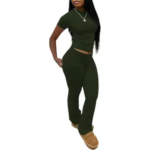 Women's 2 Piece Lounge Sets Crop High Wasit Foldover Flare Leggings Pants Casual Workout Outfits Tracksuit