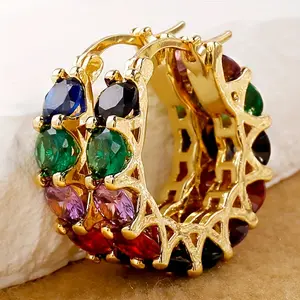 Vibrant Circle Hoop Earrings with Rainbow Rhinestone Accents Trendy Geometric Jewelry for Women Hypoallergenic Nickel-Free Durable Shiny Finish Perfect for Everyday Wear or Special Occasions