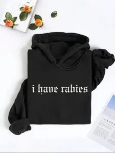 "I Have Rabies" Funny Gothic Oversized Knit Hoodie for Women - Soft Graphic Sweatshirt, Edgy Dark Aesthetic