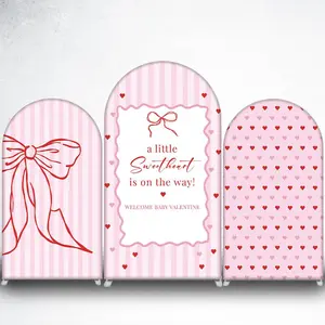 Pink Stripe Red Bow Arch Backdrop Cover for Coquette Theme Party