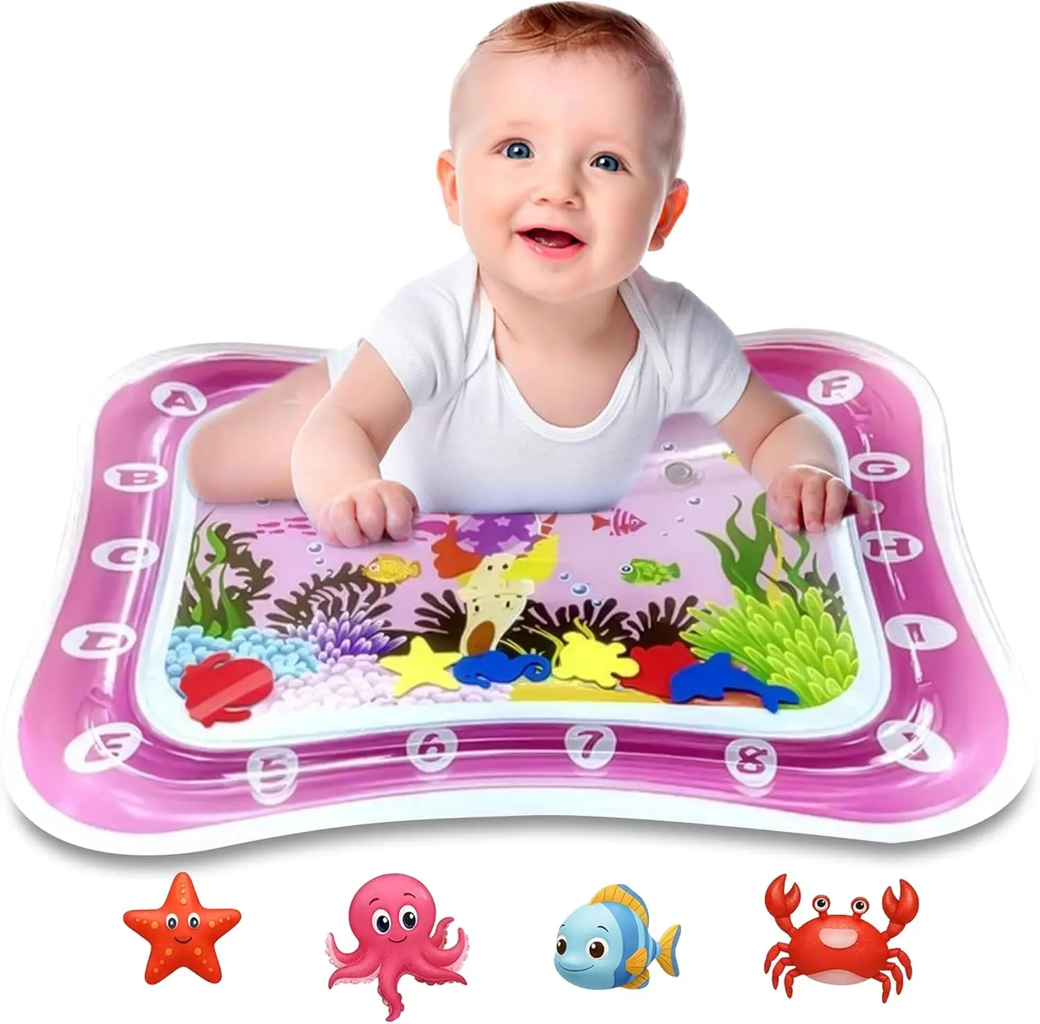 Inflatable Tummy Time Water Mat for Infants & Toddlers, Foldable PVC Sensory Playmat with Ocean Theme, Portable Toy for Motor Skills & Muscle Strength