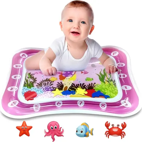 Inflatable Ocean Theme Activity Play Mat for 0-2 Years Infants - BPA-Free PVC Thick Cushion, Leak-Proof Colorful Sea Creatures Float Toy, Foldable Portable 25.98x19.68x3.02 Inches Tummy Time Motor & Muscle Development Tool, 3-24 Months Baby Gift