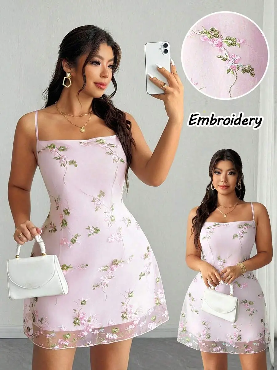 ZENIE Plus Size Sweet Girl Pink Floral Embroidery Spaghetti Strap Square Neck Waist Cinched A Line Short Dress Spring Summer Date Afternoon Tea Valentines Outfit