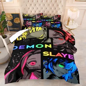 Demon Slayer Theme 3D Printed Fashion Quilted Comforter Set, Bedroom Bedding Set, Includes One Comforter and 1/2 Pillowcases, Neon Anime Style Trendy Quilt Core, Decorative Gifts for Teenagers Adult Bedroom