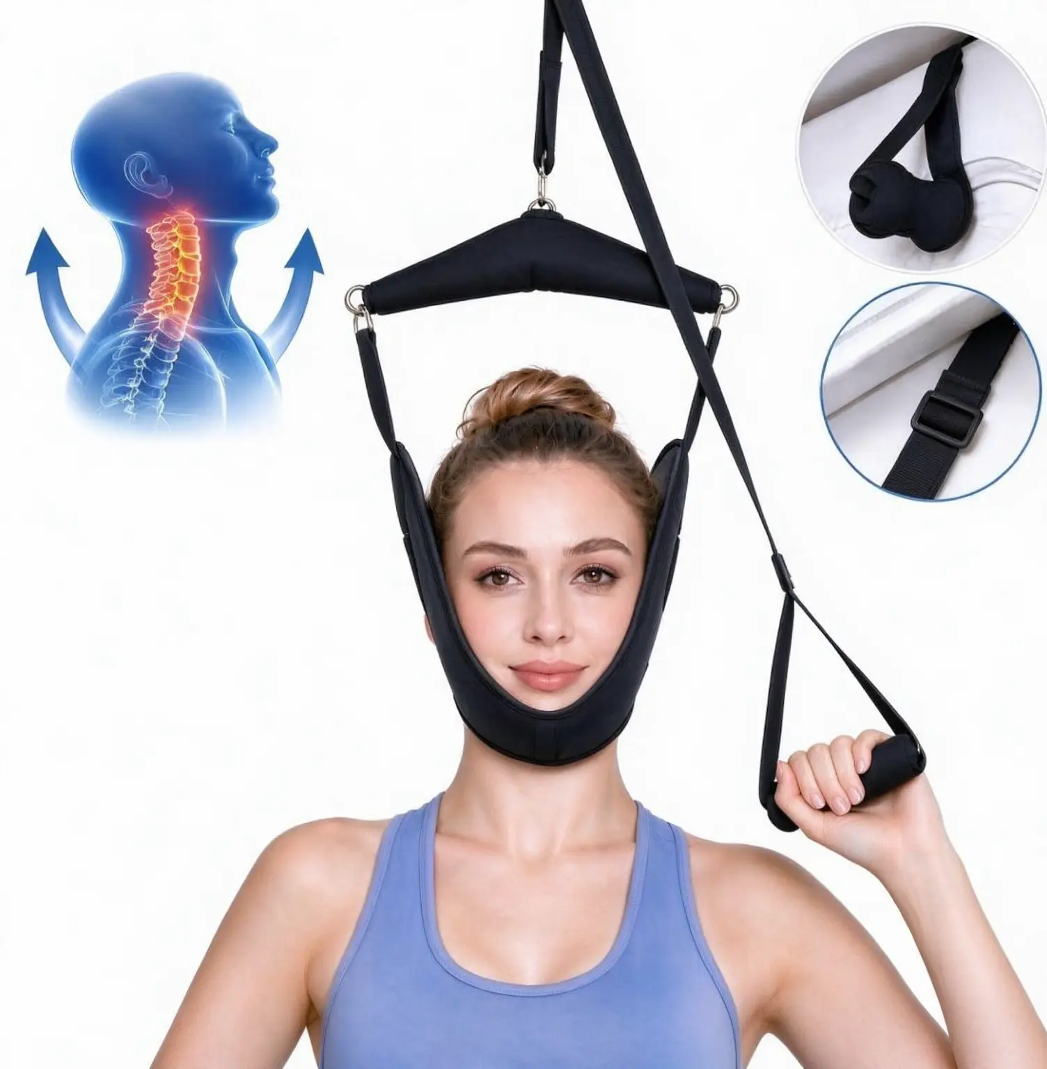 Cervical Neck Traction Device Over Door for Home Use, Adjustable Straps with Door Hook & Buckle, Portable Home Neck Stretcher for Neck Pain Relief, Posture & Spinal Pressure Reduction