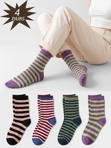 4-Pack Striped Mid-Calf Socks, Color-Block Retro Style, Soft & Breathable Daily Socks, Unisex Versatile Style