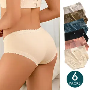 Cheeky Bikini Pack 6Piece Women's Mid Waist Lace Patchwork Sexy Seamless Underwear High Elasticity Hip Lifting Breathable Soft Panties Mixed Color Basic Fit Fashion Underwear M-XXL bikini