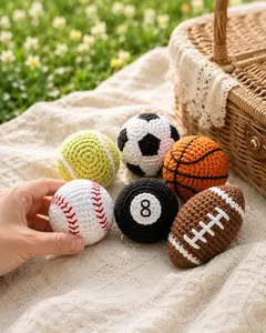 Handmade Crochet Sports Ball Set – Mini Basketball, Soccer, Baseball, Tennis & Football Plush Toys, Cute Amigurumi Ball Gift for Kids, Sports Fans & Collectors