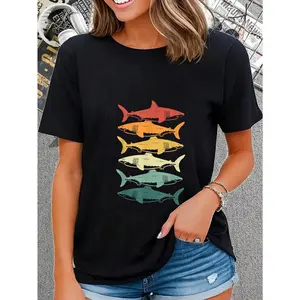 100% Cotton Retro Sharks For Shark Lover T-Shirt Round Neck Short Sleeve T-Shirt Women's Men Graphic Tee