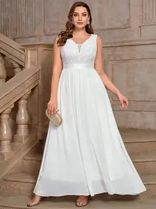 【Plus Size】Missmay YP54225 Women's Plus Size Elegant Lace Contrast Sequin Deep V-Neck Sleeveless Floral Formal Evening Party Maxi Dress