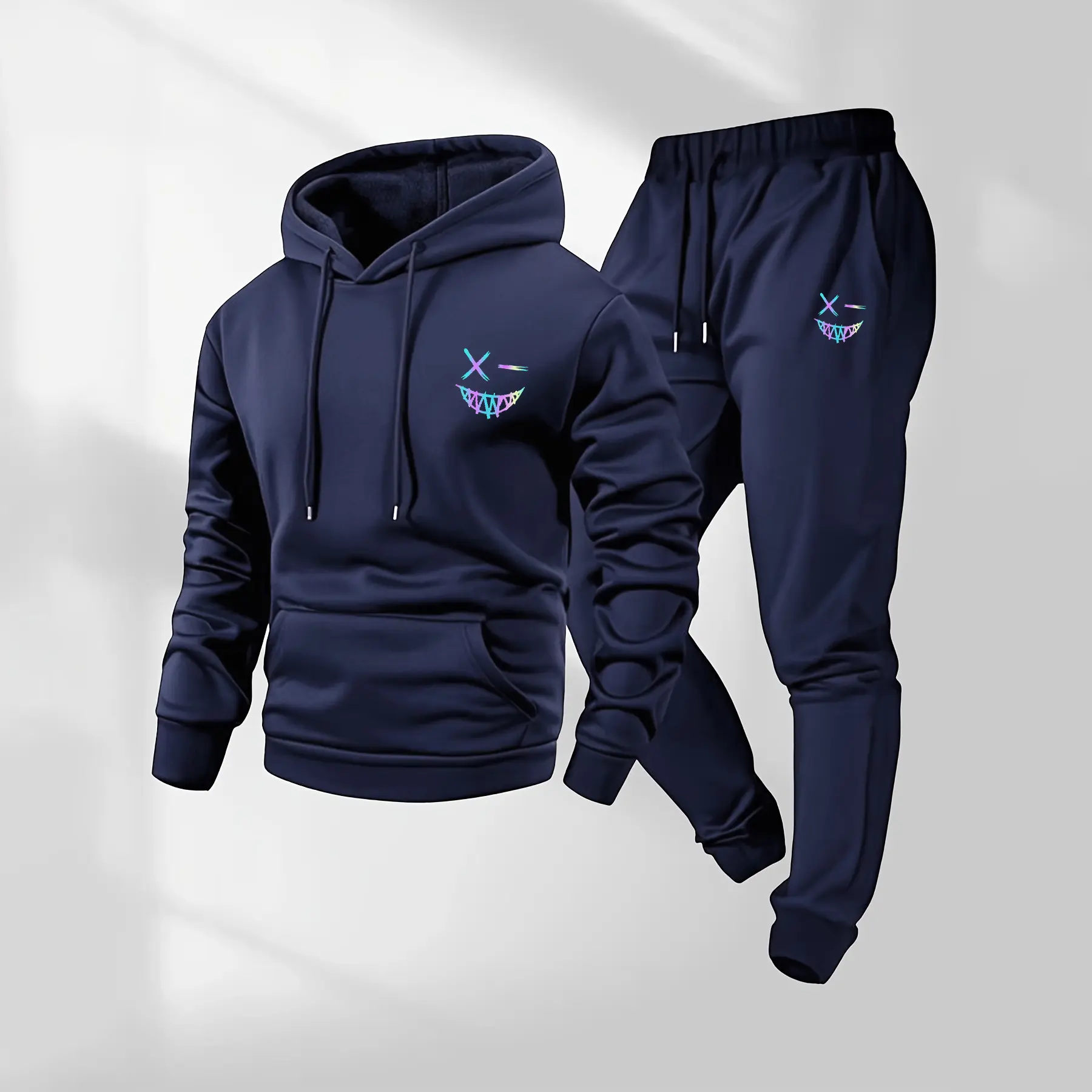 Men's 2-Piece Gradient Smiley Face Hoodie & Drawstring Track Pants Set - Casual Long-Sleeve Hoodie with Pockets, Fall Winter Athletic Sports Clothing, Street Style Tracksuit for Indoor, Outdoor Use