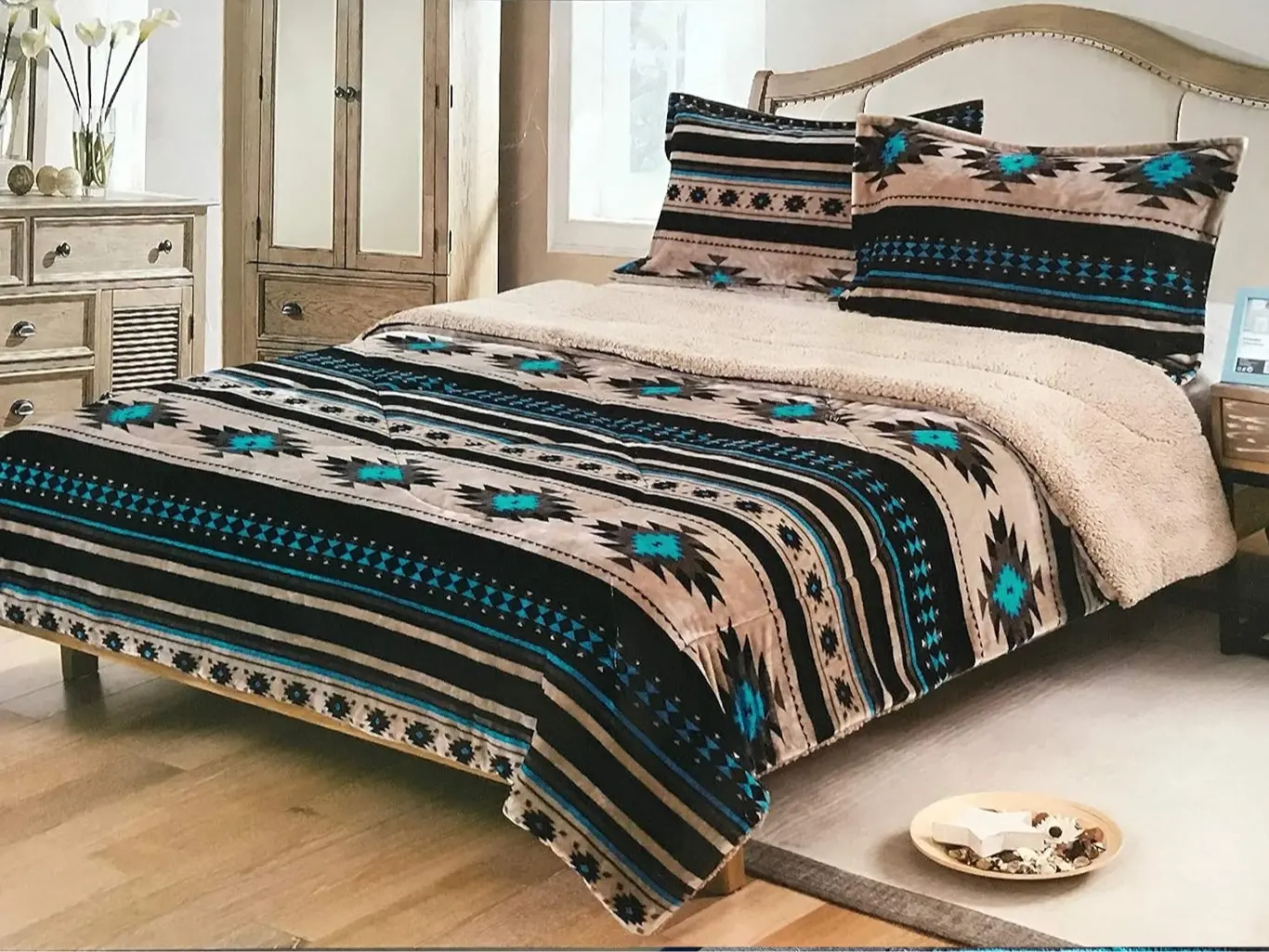 Nu Trendz Adult 3-Piece Sherpa-Lined Comforter Set - Queen Size (86x86in), Tan Southwest Geometric Navajo Aztec Print, Velour Surface, Ultra Warm, Super Soft, Machine Washable, Matching Pillows, General Use for Adults