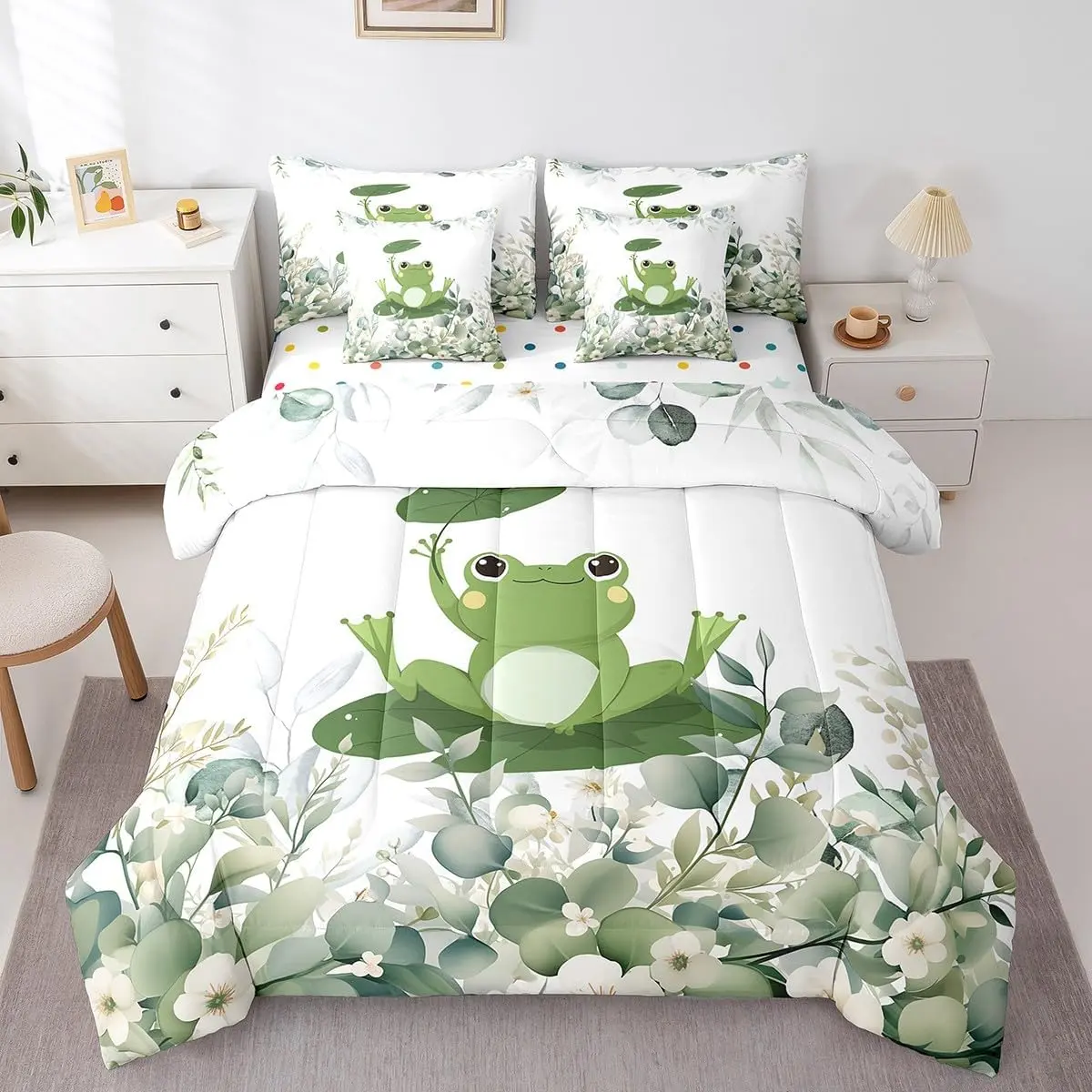 Feelyou Boys' 7-Piece Ultra-Soft Microfiber Eucalyptus Bed-in-a-Bag Bedding Set, Cartoon Frog & Watercolor Leaves Design, Multi-Size Options, Cute Sheets, Comfy Cartoon Pattern Blanket, Blanket Gifts, Cute Bed Sheets