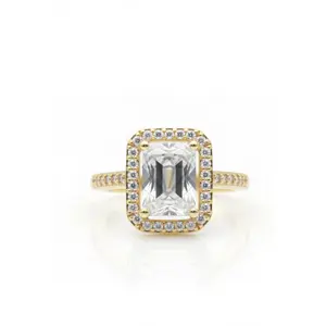 Female 18K Gold Filled Adjustable Emerald Cut Halo Ring - Clear CZ Statement Ring for Christmas, Casual, Thanksgiving, Romantic Occasions