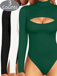 1/2/3 Counts Women's Solid High Neck Shapewear Jumpsuit, Body Shaping Underwear, Casual Comfort Long Sleeve Slimmer Bodysuit, Lady Tops, Sexy Womenswear, Design Sense Tee, Stylish Thermal Loungewear for Going Out Tops, Suitable for Daily and Party