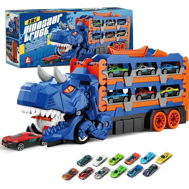 Multi-functional Dinosaur Deformation Transport Track Toy Set - Foldable Dual-Race Track Dinosaur Truck, 12 Alloy Cars, Birthday Gift for Boys (Color & Style Random), Foldable Track