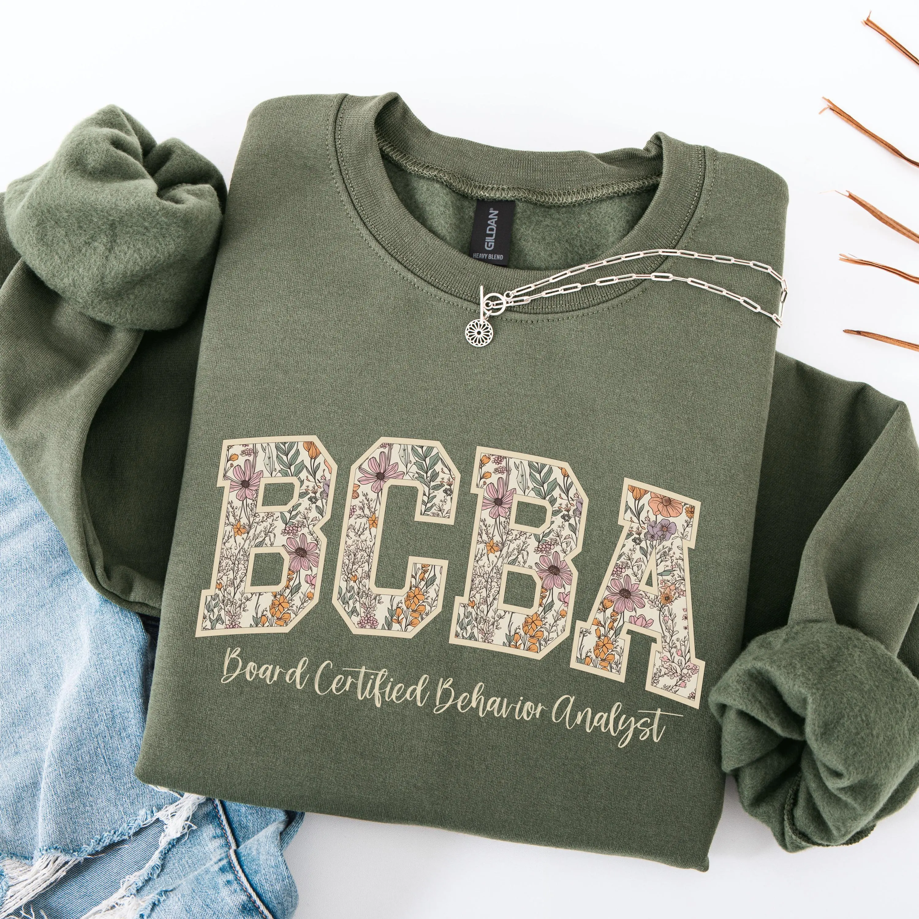 Floral BCBA Sweatshirt / Short Sleeve T-SHIRT , Board Certified Behavior Analyst Shirt ABA Group Sweatshirt Pullover Varsity Font BCBA Sweater Coworker Gift Crewneck Womenswear
