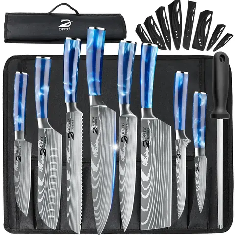 8 Piece Stainless Steel Japanese Damascus Pattern Chef's Knife, Kitchen Knife Set, Professional Kitchenware Perfect Christmas & New Year Gift