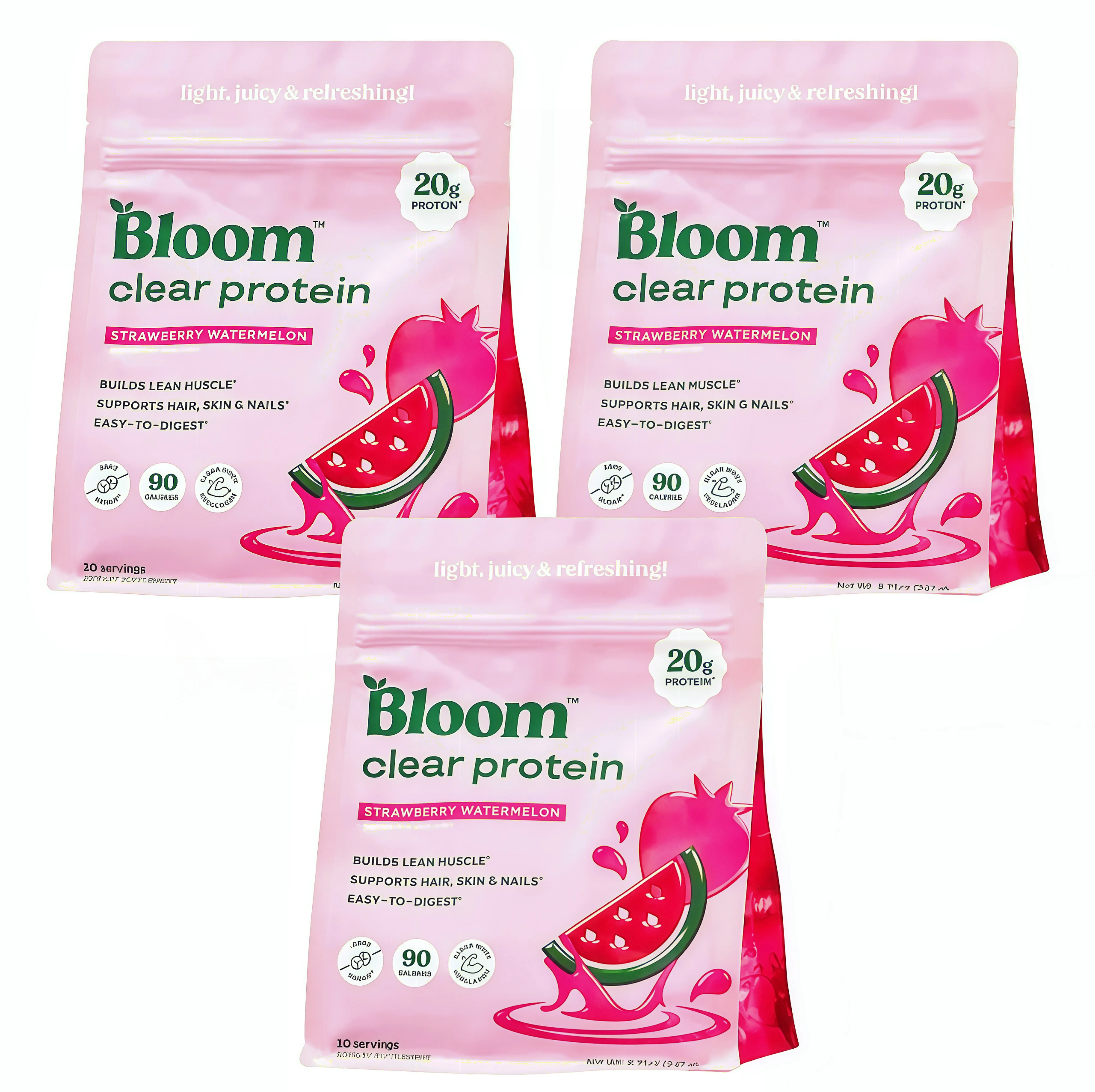 3 Pack Bloom Nutrition Clear Protein Powder, KN Strawberry Watermelon Flavor, 20g Whey Collagen Protein, Zero Sugar,90 Calories, 10 Servings