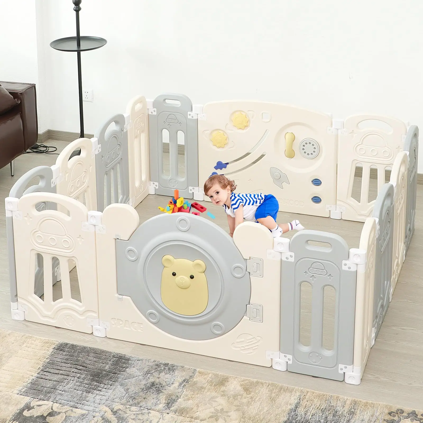 Baby Playpen with Lock Door,Adjustable Game Panel,Foldable Toddlers Play Yard, 14-Panel Safety Kids Fence for Indoor & Outdoor,Baby Gate Activity Centre, Gray White