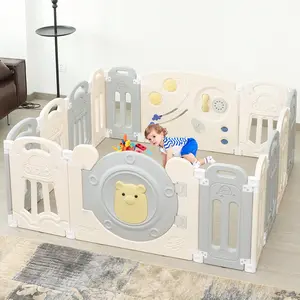 Baby Playpen with Lock Door,Adjustable Game Panel,Foldable Toddlers Play Yard, 14-Panel Safety Kids Fence for Indoor & Outdoor,Baby Gate Activity Centre, Gray White