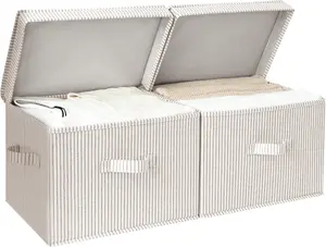 Fabric Storage Bins with Lid, Decorative Stackable Storage Boxes for Shelves, Closet Organizer Basket with Handles, Large, Khaki and Beige Stripes, 2-Pack