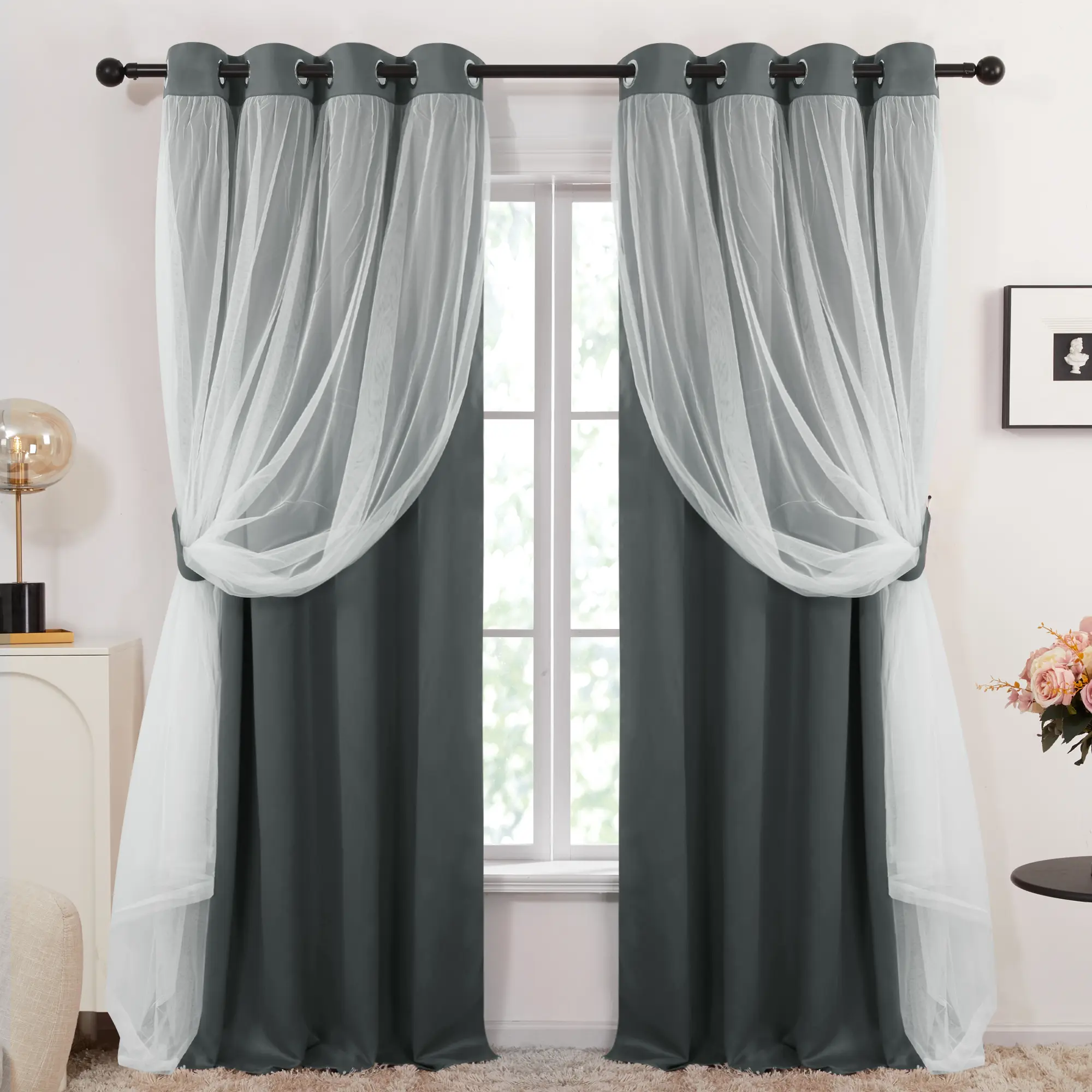 Deconovo Double-Layer Blackout Curtains with Solid Mesh Sheer Overlay, White Grommet Window Drapes for Bedroom and Living Room