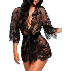 Women's lace kimono robe doll underwear mesh pajamas