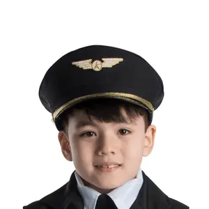 Pilot Hat For Kids | Black Airline Captain Cap with Gold Trim & Embroidered Emblem - Pilot Costume Accessory – For Halloween, Cosplay, Dress Up, Theme Party  & Role Play