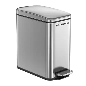 SONGMICS Bathroom Trash Can, 1.3 Gallon (5 L) Small Trash Bin with Lid, Slim for Small Spaces, Stainless Steel Garbage Can, Soft Close
