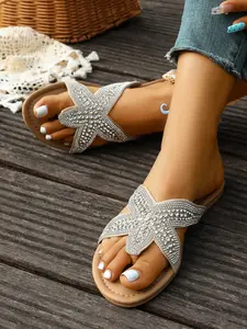 Summer Flat Sandals with Starfish Rhinestones, Casual Fashion Beach Shoes, Versatile Everyday Wear, Sparkling Coastal Style