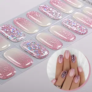 16 tips Pink Semi Cured Gel Nail Strips, Laser Glitter Gradient Self-Adhesive Gel Nail Full Wraps, Easy Manicure, Salon Quality, Nail Stickers for Ladies Home DIY