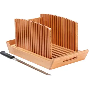 Bread Slicer for Homemade Bread, Bamboo Loaf with Knife and Crumb Catcher, Foldable and Compact Cutting Guide 3 Size Slicing Guide