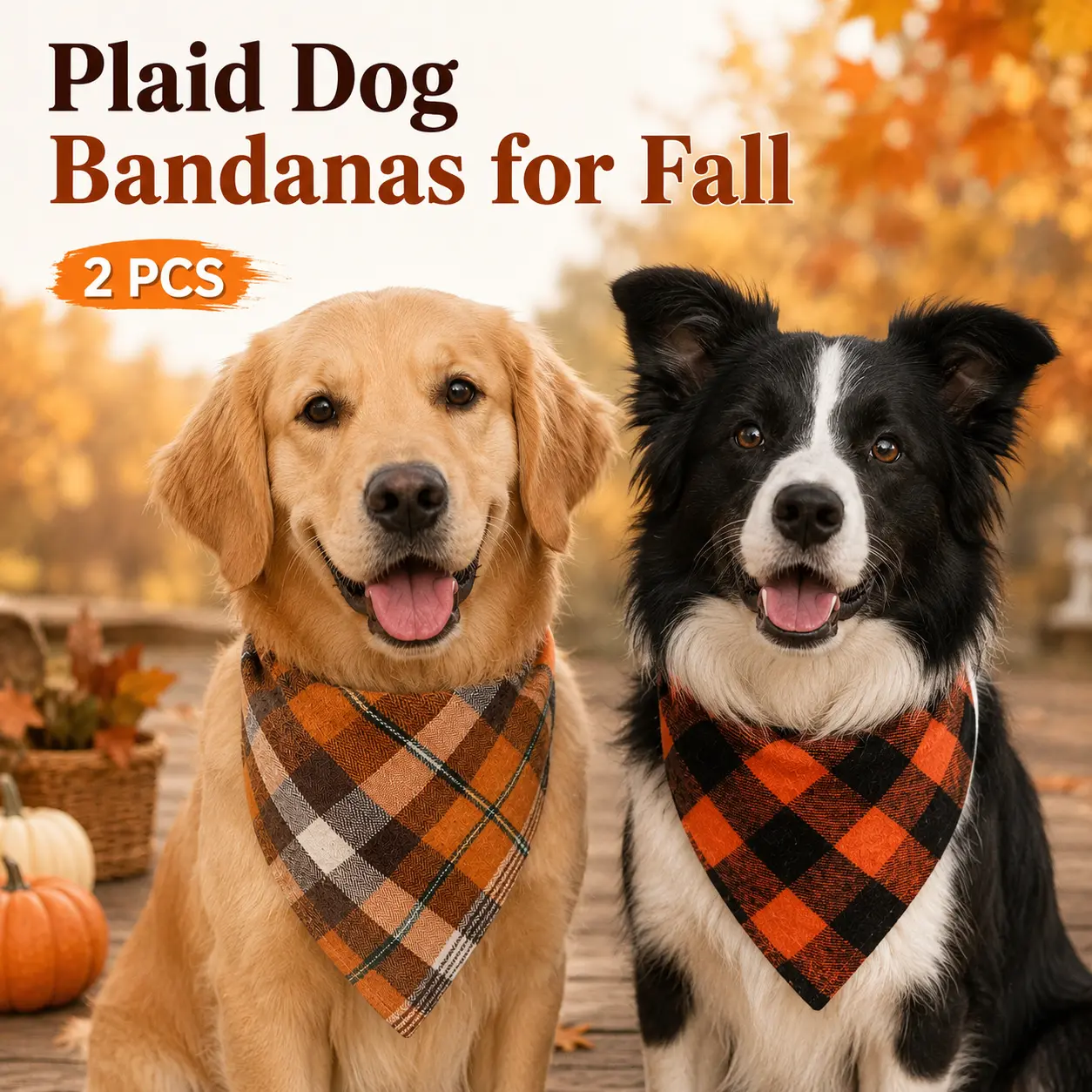 2-Pack Plaid Dog Bandanas for Fall - Premium Thanksgiving & Halloween Scarves for Medium Large Dogs Deluxe Pup Bandana Supplies