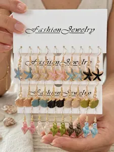 Summer Vacation Ocean Style Earrings Set, 30 Pcs Multicolor Starfish Shell Conch Dangle Earrings, Trendy Beach Fashion Jewelry