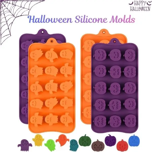 4 Pack Halloween Silicone Molds for Chocolate Candy, Pumpkin & Ghost Molds for Jelly Wax Melts Ice Cubes, Cake Decorating DIY Baking Party Supplies  High-Search USA Keywords Included: