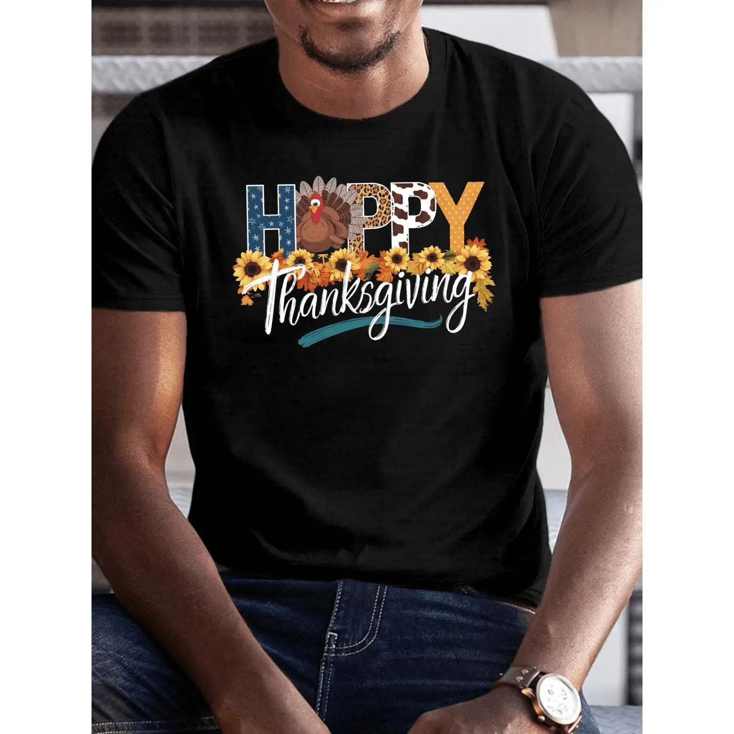 Mens Happy Thanksgiving Sunflower Print Cotton-Polyester T-Shirt, Menswear Short-Sleeve, Casual Breathable Lightweight Soft, Machine-Washable Summer Vacation Backyard Barbecue Outfit Gift Idea, Shortsleeve