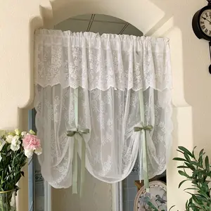 Floral Lace Short Curtain, French Girl Style Lightweight Sheer Fabric, Butterfly Knot Decor, Bedroom Window Decoration, Home Decoration Curtain