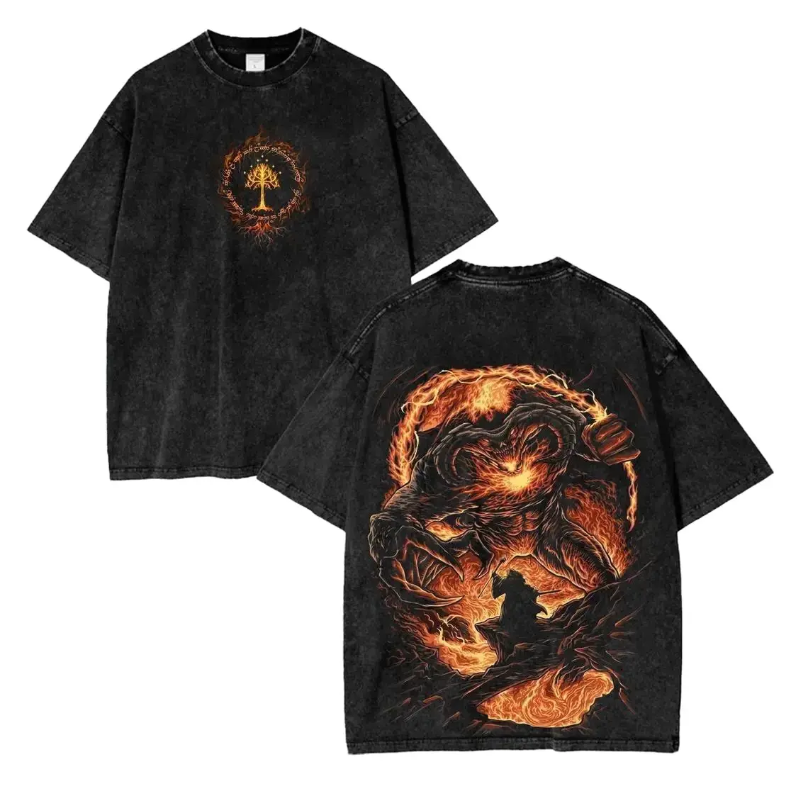 Men's Vintage Washed Distressed Fire Demon Monster Graphic Menswear T-Shirt - Heavyweight Cotton, Oversized, Gothic Streetwear, Unisex Round Neck Short Sleeve All-Season Crew Neckless Tee, Shortsleeve