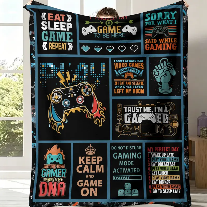 Gamer Patchwork Quote Throw Blanket, Black Background Teal Border Grid Gaming Controller Meme Text Phrase Flannel Blanket, Soft Fleece Blanket, Perfect Teen Boys Gaming Bedroom Decor Video Game Fan All-Season Gift