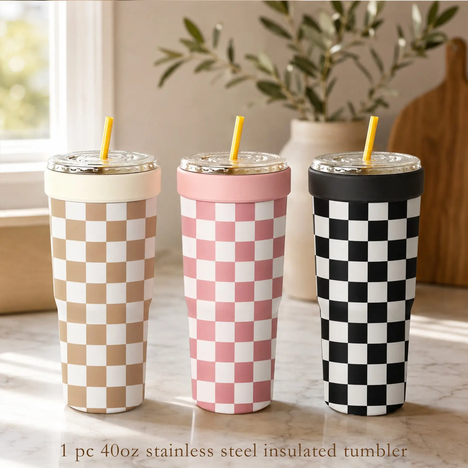 1 Pc 32oz Retro Checkerboard Print 2-in-1 Insulated Can Cooler, Includes Tumbler Lid, Converts into a 32oz Travel Tumbler, Fits Most 16-24oz To-Go Coffee & Bubble Tea Cups, No Sweat, Perfect for Halloween, Christmas & Daily Use