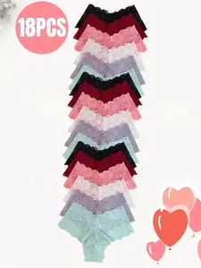 W 18 Piece of Elegant Women's Lace Panties – Low-Rise Cut Bikini Style, Floral Lace & Bowknot Design, Comfortable Basic Style, Women's Casual Lingerie, Perfect for Everyday Wear, underwear for women, valentine, womenswear