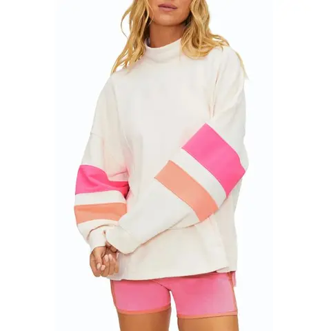 Fisoew Women's Knit Soft Minimalist Color Block Stripe High Neck Hoodie - Ribbed Lightweight Fleece Fabric, Oversized Drop Shoulder Longsleeves, Side Split Loose Casual Tunic Pullover Sweatshirt