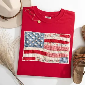 Comfort Colors® Retro American Flag T-Shirt – Faux Patchwork USA Graphic Tee, Vintage Patriotic 4th of July Shirt, Aesthetic Independence Day Top
