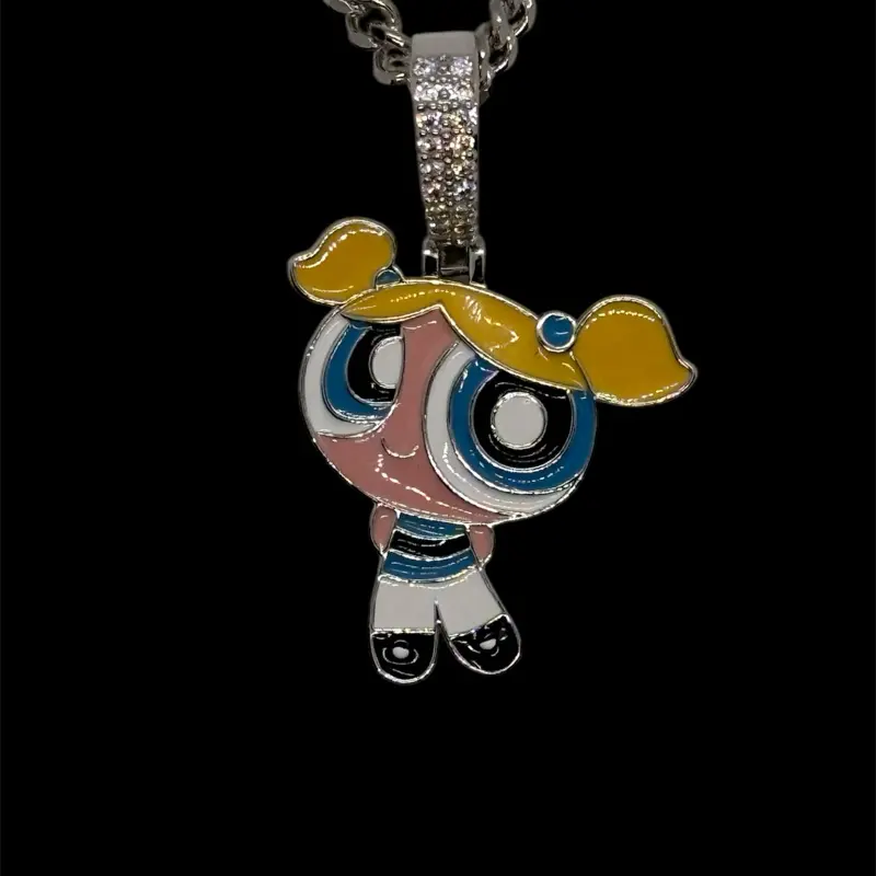 14k White Gold Plated Cartoon Powerpuff Girls Bubbles Necklace with Cubic Zirconia - Cadena de Chicas Superpoderosas Burbujas Oro Laminado Cubic Zirconia