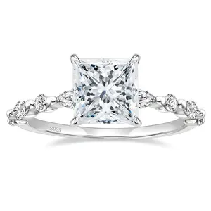2CT 925 sterling silver ring, princess cut CZ engagement ring with inlaid circular cubic zirconia wedding ring, suitable for women's Christmas gifts